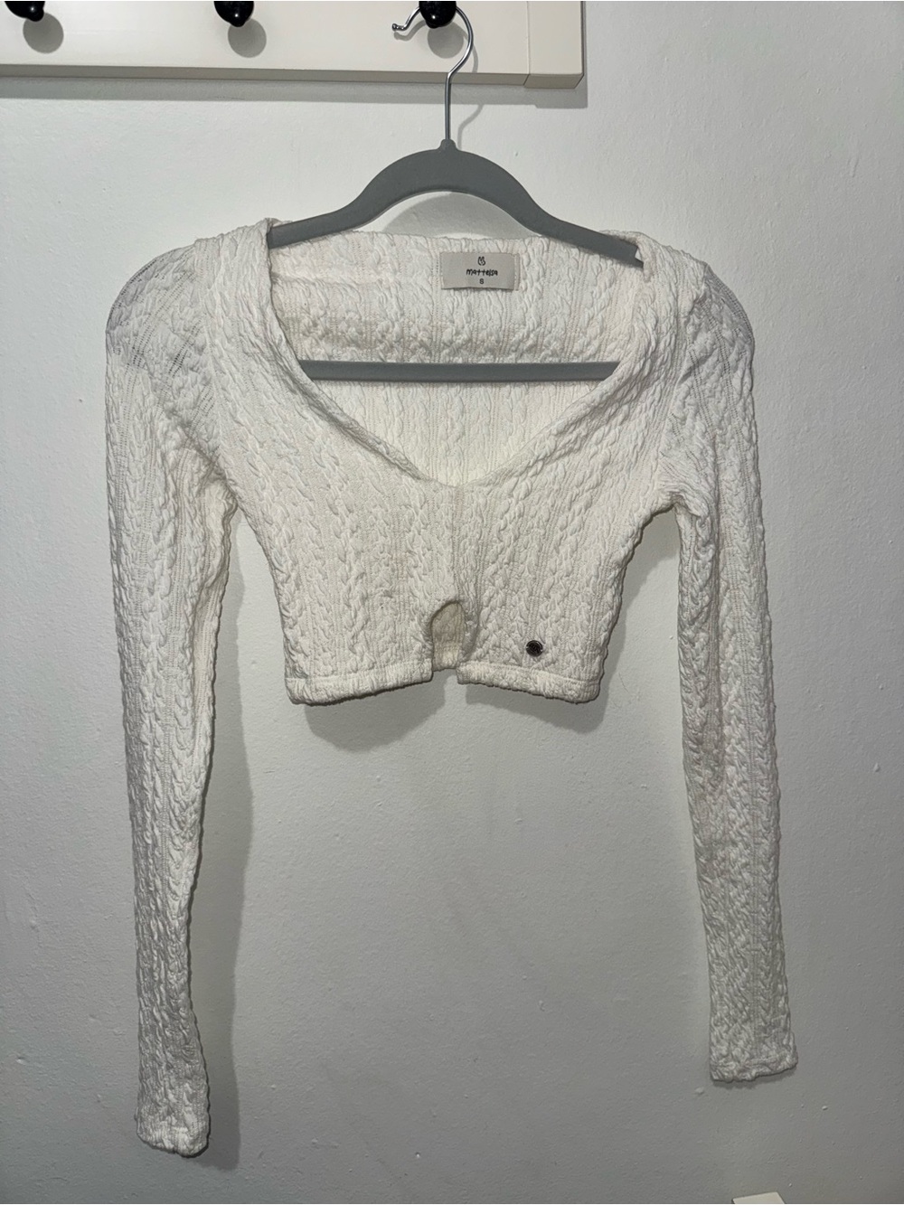 Mattel White Cropped Cable-Knit Long Sleeve Top